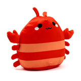 Front view of a Squidglys Adoramals lobster plush toy, red with orange stripes, large claws, antennae, and a smiling embroidered face.