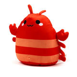Front view of a red and light orange striped lobster plush toy, with black embroidered eyes featuring white dots, a smiling mouth, antennae, and prominent claws.