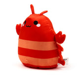 Angled view of a cute, red and light orange striped lobster plush toy with antennae, embroidered eyes and mouth, and small claws.