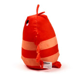 Angled view of a red and orange striped lobster plush toy with a black eye, soft antennae, and fins, presented on a white background.