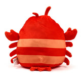 Rear view of a red and light orange striped plush lobster toy, featuring a round body, antennae, and multiple small legs, with a white fabric tag on the left.