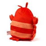 Angled view of a plump, red and orange striped plush lobster toy, showing its antennae, small claws, and legs, with a fabric care label on its side.
