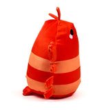 Angled view of a red and light orange striped lobster plush toy, depicting its black eyes with white highlights, small antennae, and side appendages, set against a white background.