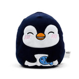Front view of a dark blue and white penguin plush toy with a happy embroidered face, orange beak, and pink blush, holding a light blue fish.