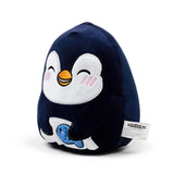 Angled view of a dark blue penguin plush toy, featuring a happy white face with an orange beak, pink cheeks, and holding a small light blue fish on its belly.