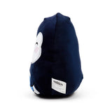 Dark blue penguin plush toy, angled side view showing its soft texture, a partially visible white face with pink blush, and a 'Squidglys' fabric tag on its side.