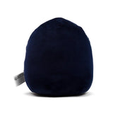 Rear view of a dark blue, rounded plush toy with a soft, velvety texture and a visible white tag on the side.