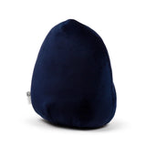 Angled view of a dark blue plush toy, featuring a soft, velvety texture and a small white tag on the side.