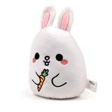 Front view of a white plush bunny toy with embroidered black eyes, pink cheeks, and white ears with pink inner lining, holding an orange carrot.