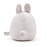 Back view of a plump, off-white plush bunny toy, showing its floppy ears and distinctive star-shaped tail.