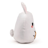 Side view of a white plush bunny toy with pink inner ears, a fluffy tail, and embroidered facial details including a black eye, a pink cheek blush, and an orange mouth.