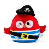 Front view of a red plush pirate toy with a black skull and crossbones hat, a winking eye, and a blue and white striped body. It wears a black belt with a yellow buckle and has a small sword.