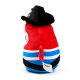 Jolly Rogers pirate plush toy, angled view, with a red and blue striped body, black hat with white skull and crossbones emblem, and one visible eye.