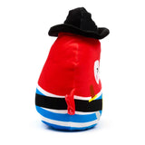 Angled rear view of a red pirate plush toy, wearing a black hat. It has a blue and white striped lower body, a small red tail, and a partially visible white patch with a brown sword handle on its side.