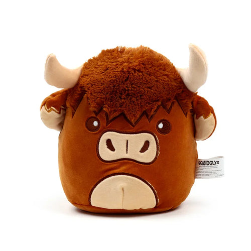 Front view of a brown Squidglys Highland Coo cow plush toy, featuring shaggy dark brown fur on its head, light beige horns, and embroidered facial details.