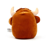 Squidglys plush Highland Coo cow toy, back view showing its brown faux fur, light-coloured horns, and shaggy brown mane.