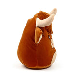 Brown plush Highland Coo cow toy with shaggy brown fur, beige horns, and an embroidered eye, viewed from a side profile.