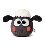 Front view of a kawaii cute Squidglys Shaun the Sheep plush toy with a dark grey body, fluffy white wool, large white eyes with black pupils, and rosy red cheeks.