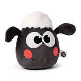 Front view of a Kawaii Cute Shaun the Sheep plush toy, black with fluffy white wool, large white eyes, and red cheeks.