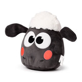Angled view of a kawaii cute dark grey Shaun the Sheep plush toy with white fluffy wool, large eyes, and red cheeks, on a white background.