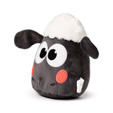 Angled view of a dark grey Shaun the Sheep plush toy. It features a fluffy white head, large white eyes with black pupils, and two red circular cheek patches.