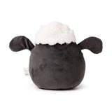 Back view of a cute, round, dark grey plush sheep toy, featuring white fluffy wool on its head and small, floppy ears.