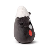 Angled view of a cute grey Shaun the Sheep plush toy with a white fleecy top, black floppy ears, a visible white eye, and a red cheek spot.
