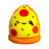 Front view of a yellow pizza slice plush toy, featuring red pepperoni, green herb detail, an orange crust, and a winking, smiling cartoon face with rosy cheeks.
