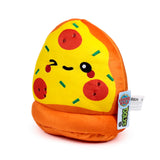 Angled view of a yellow and orange pizza slice plush toy, featuring a winking face, red pepperoni, and green sprinkles.