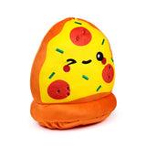 Front view of a pizza slice plush toy with a winking embroidered face, yellow cheese, red pepperoni, green sprinkles, and an orange crust.