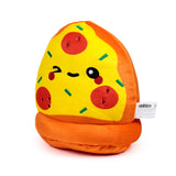 Front view of a yellow pizza slice plush toy with orange crust, red pepperoni, green pepper sprinkles, and a winking embroidered face.
