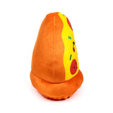Angled view of a soft toy pizza slice with an orange crust and a yellow topping area, featuring embroidered red circular details with small black accents, and green rectangular shapes, all against a white background.