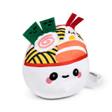 Angled view of a Squidglys Foodiemals Nori the Ramen Bowl plush toy, with an embroidered cute face, green seaweed, pink-swirled fish cake, egg, and yellow noodles, on a white background.