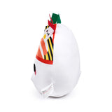 Side profile of a soft white plush ramen bowl toy, with vibrant felt details including a white character face, orange, black, and yellow stripes, and red and green felt resembling nori. A white care label is attached.