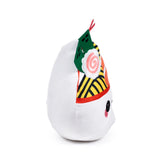 Angled view of a white ramen bowl plush toy, featuring green nori, red chopsticks, a pink and white narutomaki swirl, and yellow noodle patterns. The plush has a black embroidered eye and pink cheek detail.