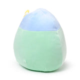 Angled view of a soft plush toy, featuring a light green base, a light blue top, and a yellow and white striped straw-like detail.
