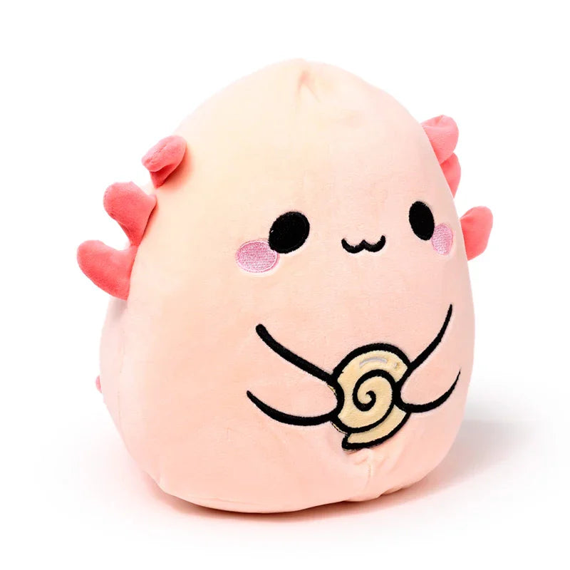 Front view of a pale pink axolotl plush toy with coral gills, embroidered black eyes, rosy cheeks, and a beige noodle swirl on its belly.