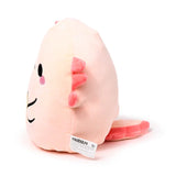 Angled view of a light pink axolotl plush toy with embroidered black eyes, a smiling mouth, pink cheek blush, three frilly coral-coloured gills, and a flat coral-pink tail.