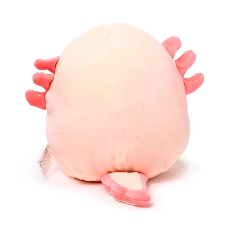 Back view of a light pink axolotl plush toy, featuring coral-coloured gills and a tail.