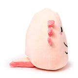 Side view of a pale pink axolotl plush toy, featuring three darker pink fin-like gills on its side, a flat pink tail, an embroidered black eye, and a smiling mouth.