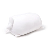 White, soft plush seal toy, side view, showcasing its cylindrical body and small flippers.