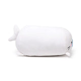 Angled side view of a white plush seal toy, with an elongated body, small tail fin, and embroidered face featuring black eyes, pink nose, and whiskers.
