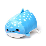 Front view of a blue and white spotted whale shark plush toy with a smiling face, black eyes, and pink blush, on a white background.