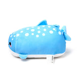 Angled view of a light blue whale shark plush toy with white spots, a cute face, and fins, on a white background.