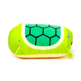 Side view of a light green Squidglys Plush Toy - Adoramals Altas the Turtle, with a dark green hexagonal shell pattern outlined in cream, small black eyes, and blue spots.