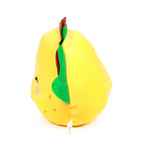 Angled view of a yellow plush taco toy, showing its green, brown, and red filling, with embroidered eyes and pink blush on one side.