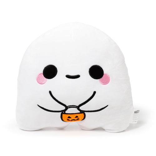 Front view of an Adoramals Carrie the Ghost plush toy, a white ghost character with embroidered black eyes, pink cheeks, and a smile, holding an orange pumpkin bucket.