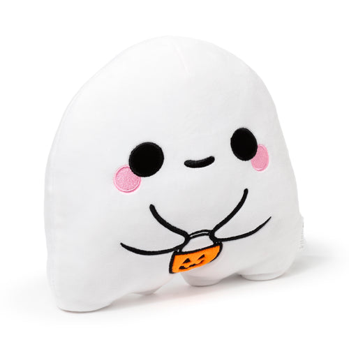 Front view of the white Carrie the Ghost plush toy, with black embroidered eyes, pink cheeks, a wide smile, and a small orange pumpkin bucket.