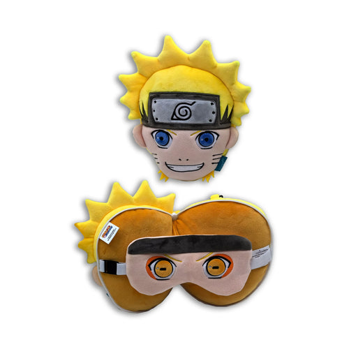 Naruto character travel pillow and eye mask set, featuring the yellow and peach character face pillow unfolded with spiky hair, blue eyes, and a grey headband, shown alongside a top-down view of the pillow folded with the peach eye mask tucked inside.