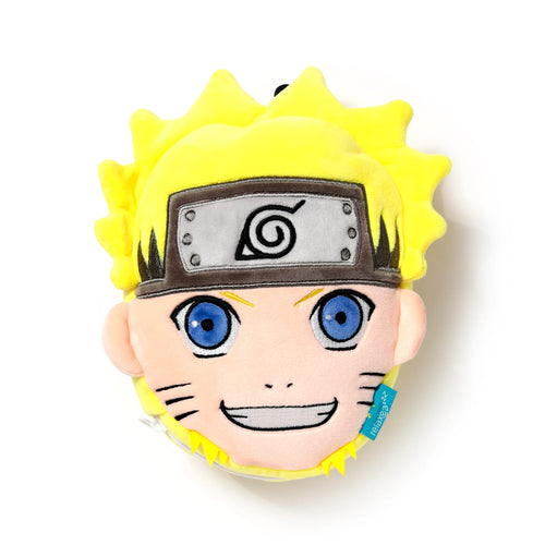 Front view of a Relaxeazzz Naruto plush travel pillow, with yellow spiky hair, blue eyes, and a grey headband.